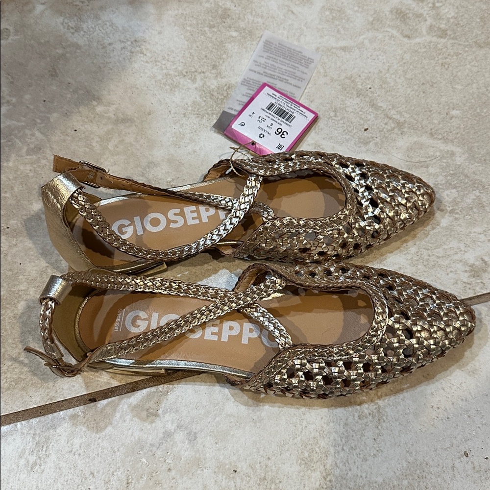 NWT! Gioseppo Gold Braided Leather Shoes Ballet Flats Ankle Strap 36 - Picture 3 of 8